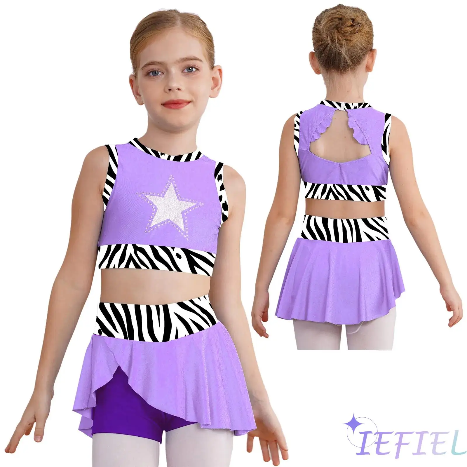 

Kids Girls 2 Piece Cheerleading Dance Costume Hollow Back Tank Top with Sport Skirt Set for Jazz Hip Hop Street Dance Activewear