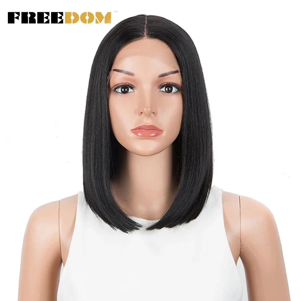 Wig Renda Sintetis Lurus Kebebasan Wig Warna Biru Ombre Bob Pendek untuk Wanita Hitam Wig Cosplay Wanita Wig Renda Bagian Tengah