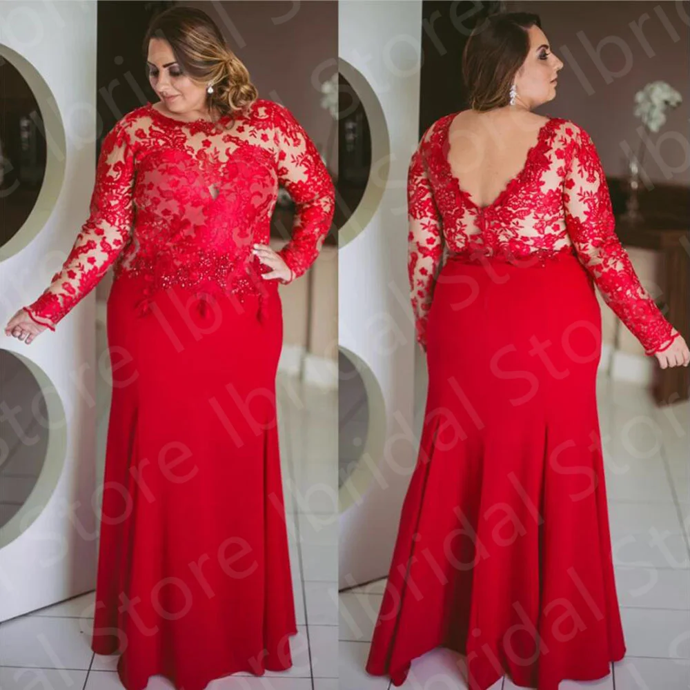 Nieuwste Plus Size Red Moeder Jurken Lange Mouwen Wedding Partij Jassen Lace Moeder Van De Bruidegom Jurk Mermaid Ronde Hals