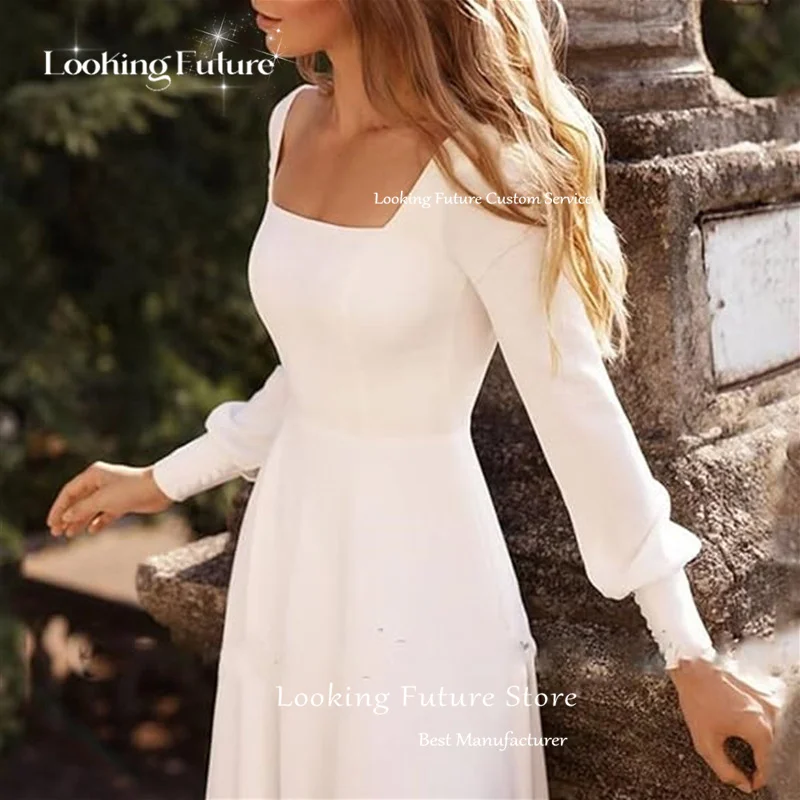 Abito da sposa bianco classico abiti da sposa a maniche lunghe colletto quadrato semplice senza schienale con fiocco abito da sposa Country vestido de noiva