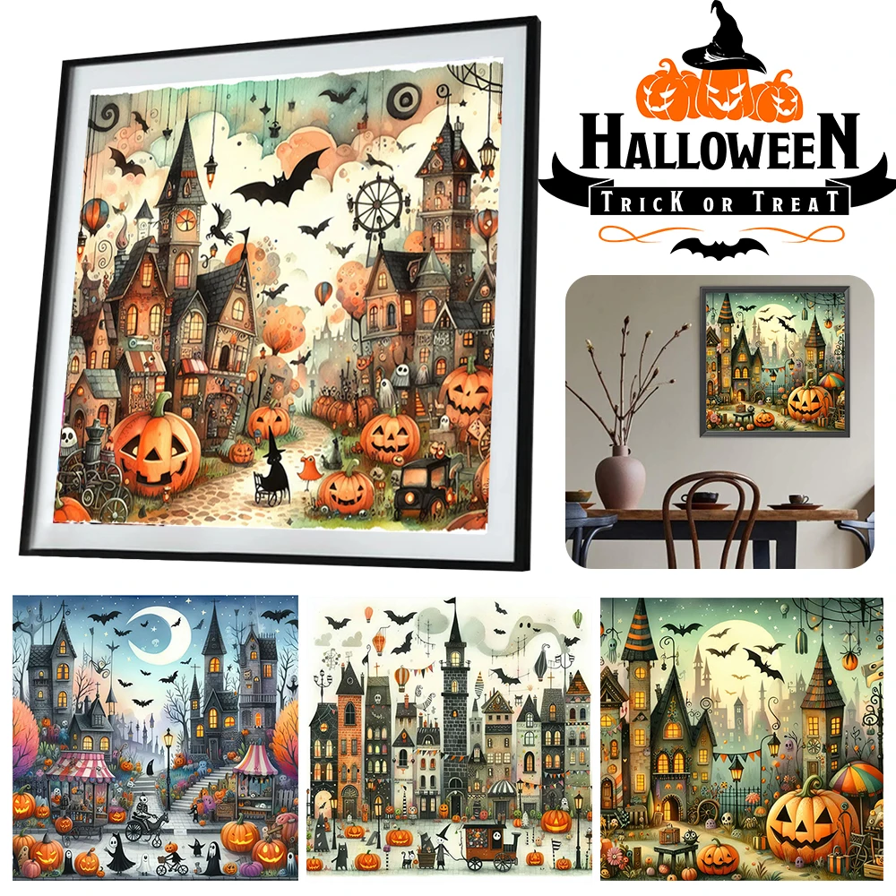 

Halloween Decoration 5D DIY Full Round Drill Diamond Painting Halloween Pumpkin Town Street Decor Art Full Diamond Embroidery