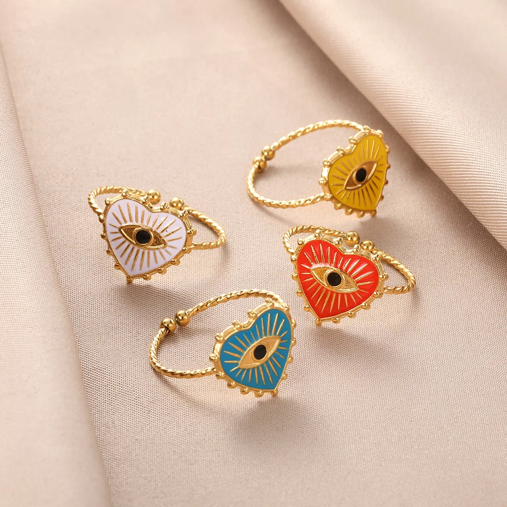 Turkish Evil Eye Rings for Women Stainless Steel Gold Color Adjustable Ring Love Heart Aesthetic Jewelry Gift anillos mujer