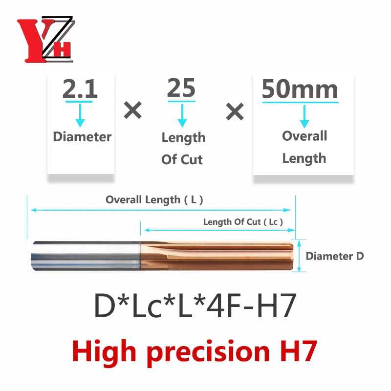 YZH 2.1mm~17.5mm Carbide Machine Reamer HRC50 HRC60 Straight Groove 4/6F Tolerance H7 Harened Steel Metal Cutter CNC Inner Hole