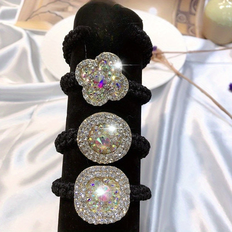 Lucky Clover Flower Hair Ties Square Cut Glass Rhinestone High Elastic Ponytail Holders for Women, Minimalist No-Slip Hair Bands