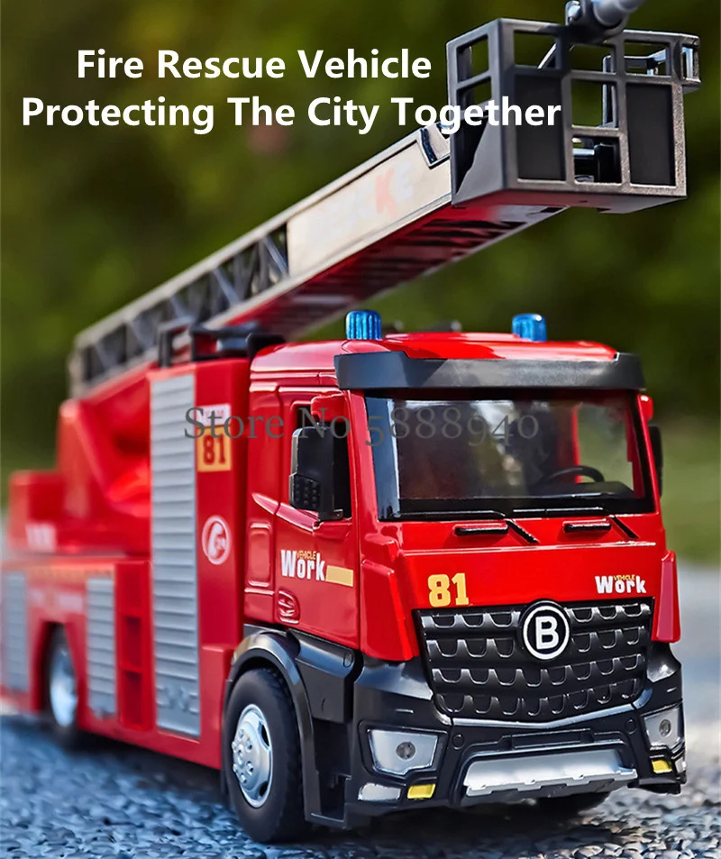 รถดับเพลิงโลหะผสมพ่นน้ำ รุ่นขับเคลื่อนเฉื่อย เปิดประตูและช่องเก็บอุปกรณ์ดับเพลิง เสียงจำลอง ไฟ LED ของเล่นรถยนต์ รุ่น Gif