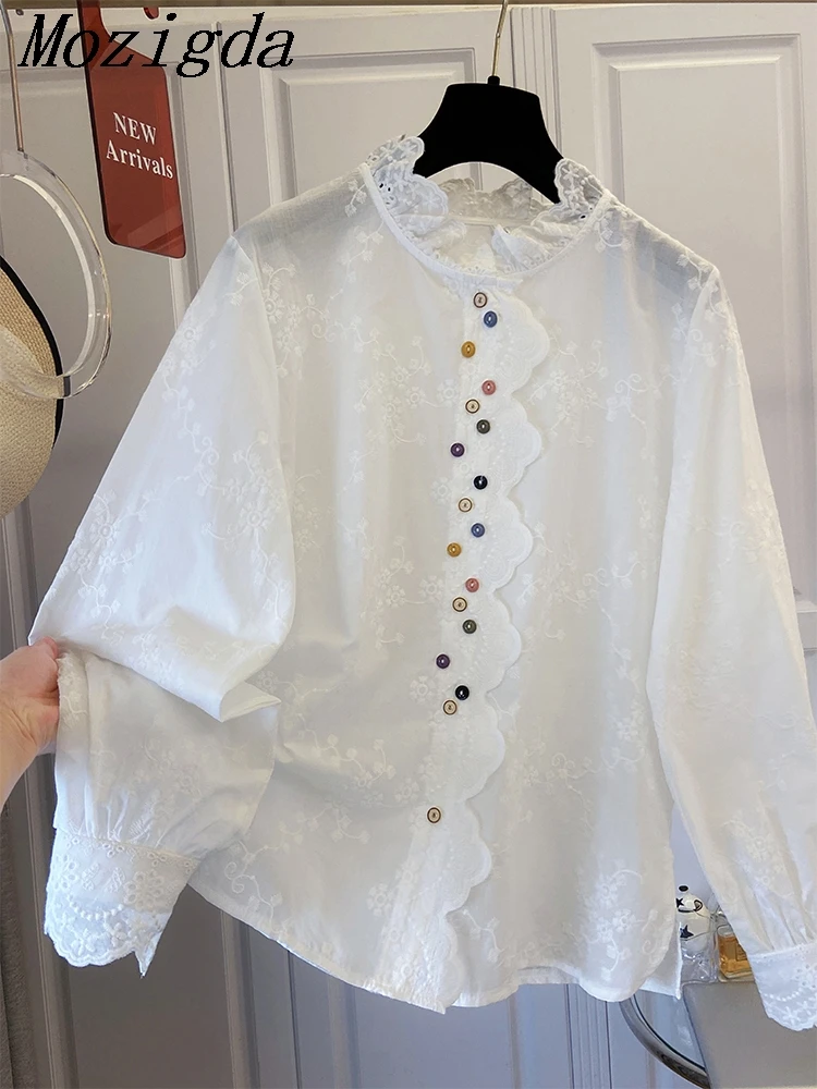 

Spring Summer Lace Embroidered Shirt Women Long Sleeve Shirt Ear Art Solid Color Bottom Blouse Women Ladies Tops