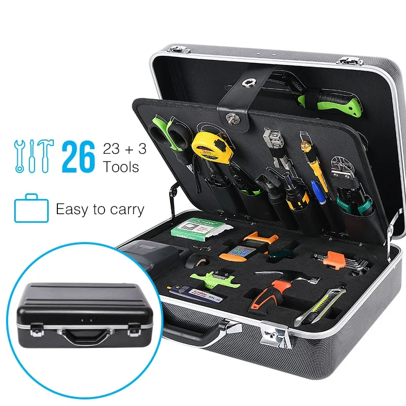 

Factory Price Fiber Optic Cable Jointing Tool Kit with Optical Fiber Cable Stripper Fiber Cleaver Tool Set Black Carton Box