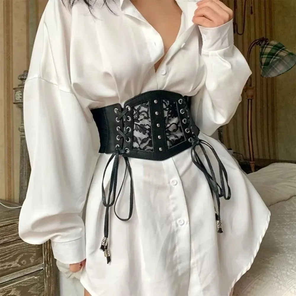 

Punk Fashion Elastic Design Lace Belts Tie Rope Retro Style Girdle Belts On Shirt Wide Belt Women