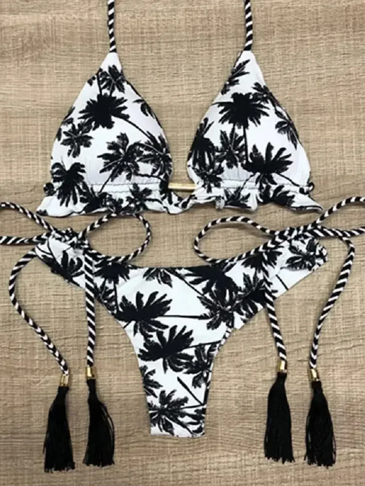 RUOTONSEPT Sexy Black And White Coconut Tree Printed Bikini Sets Women Swimsuit Triangle Halter Swimwear Bathing Suit Brazilian