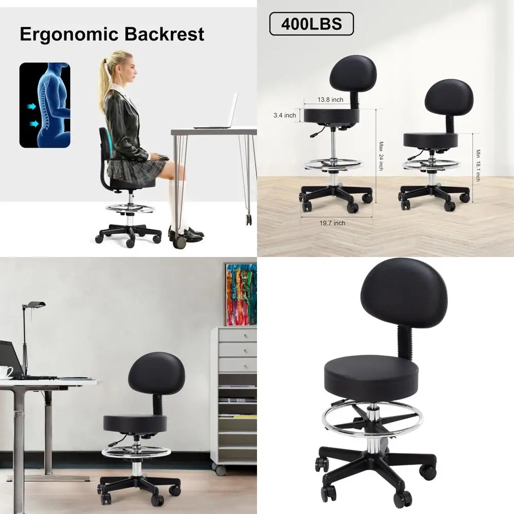 

Adjustable Back Spa Bar Stool, Multi-Purpose Swivel Office Chair with Rolling and Footrest (Black)