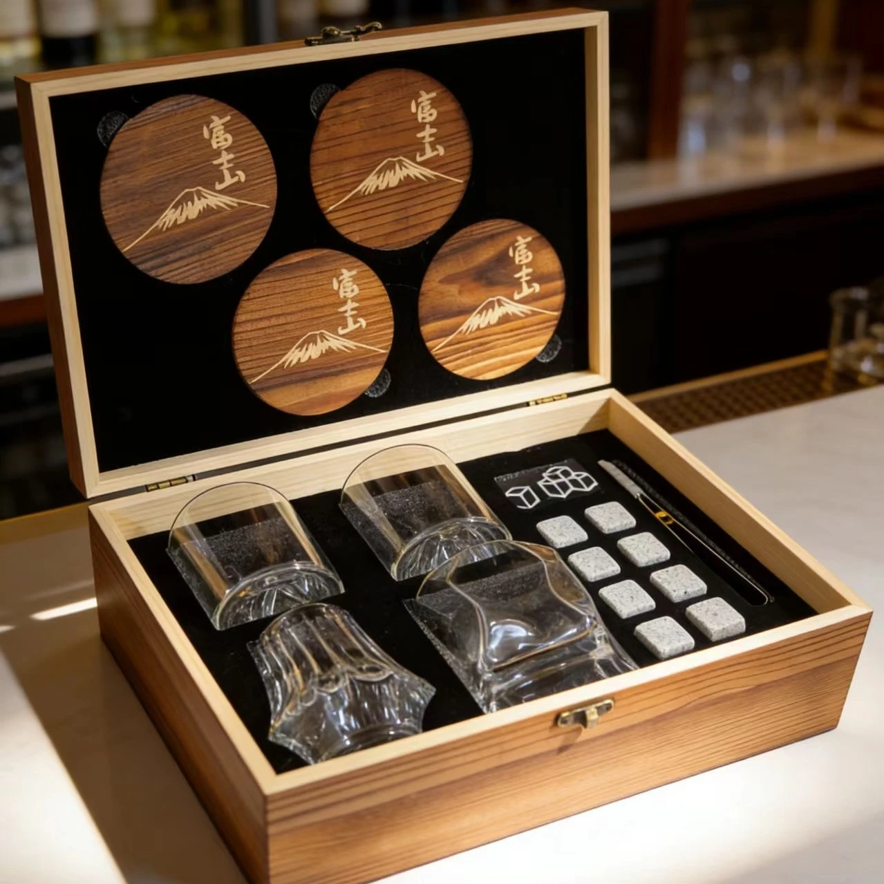 4 Different Designs Japanese Whiskey Cup Whisky Stone Set Wine Glass Suit Wooden Coaster Premium Gift Box Best Festival Present
