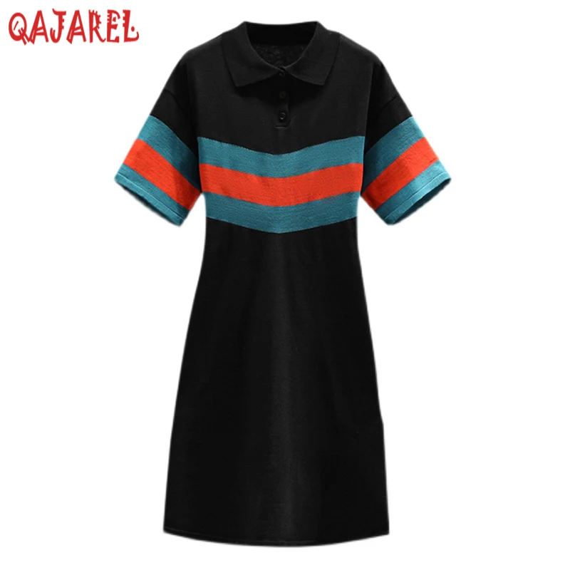 

2024 White Knitted Patchwork Striped Polo Collar Midi Dress Summer Black Korean Vintage Hepburn Dress Women Elegant Bodycon Robe