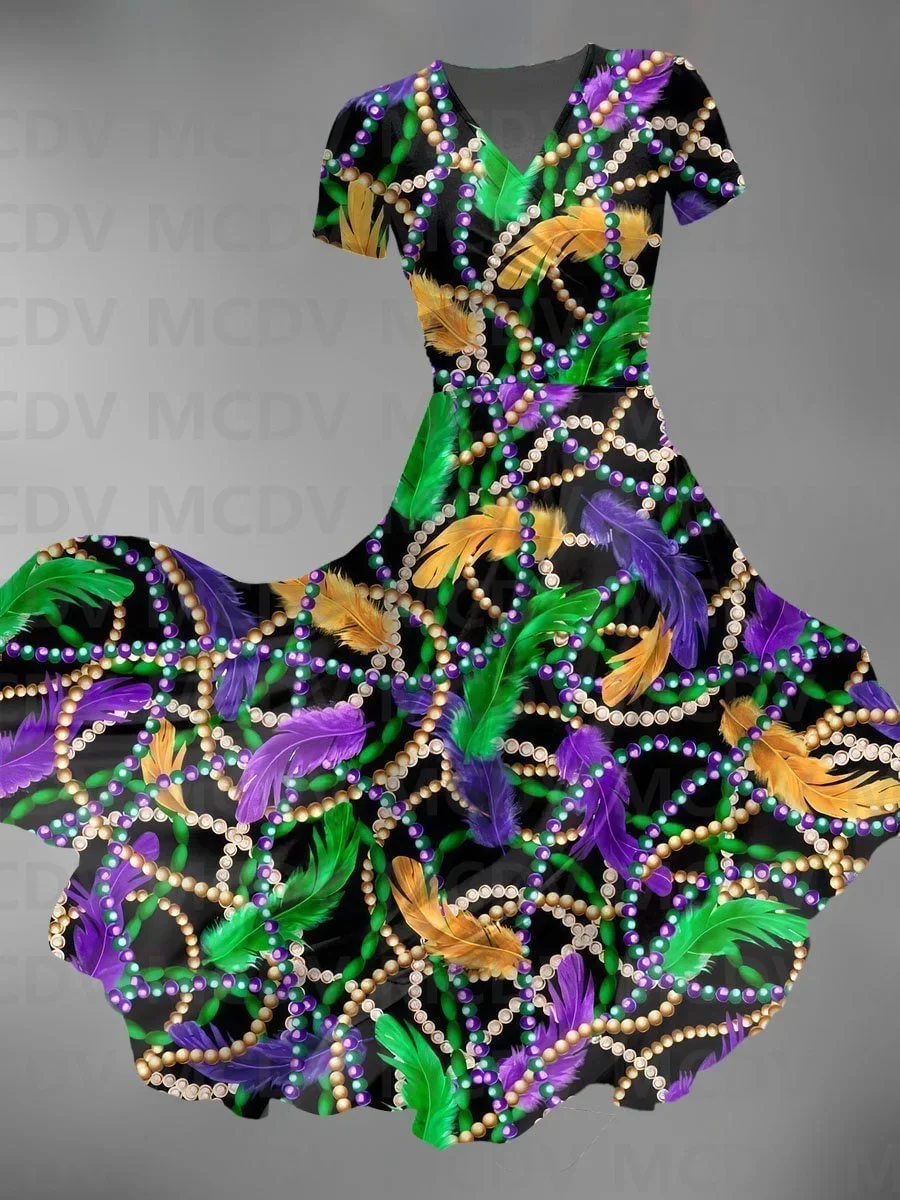 Vestido feminino sexy com decote em v, Mardi Gras vintage, impressão 3D, vestidos femininos