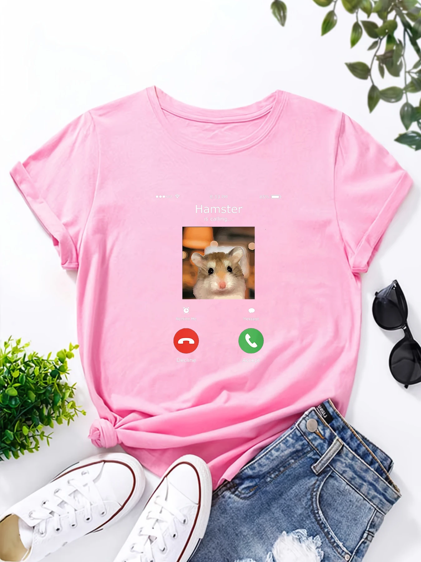 Hamster Is Calling Funny Animal Lover Print Fun Short Sleeve Casual Fashion Women\'s Pattern T-Shirt Women\'s Summer Print T-Shirt