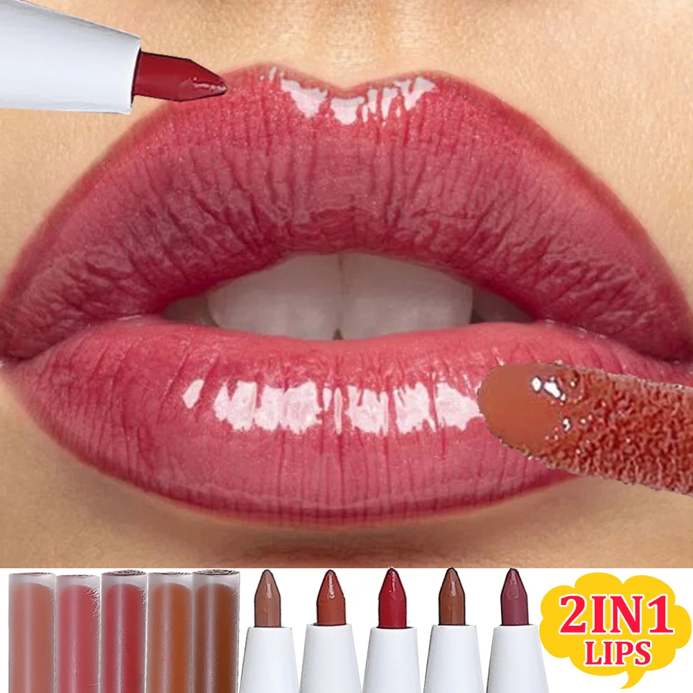 2-in-1 Perfect Lip Makeup Jelly Water Lip Gloss Matte Lip Liner Waterproof Lasting Glass Liquid Lipstick Water Lips Mud Cosmetic