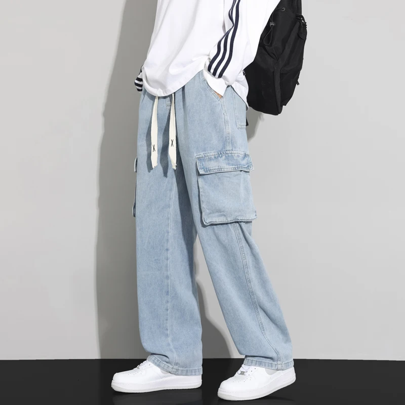Jeans cargo larghi da uomo autunno nuova tasca vintage casual dritto moda coreana pantaloni in denim con coulisse streetwear maschile