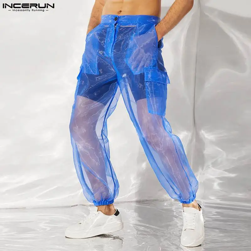 Incerun-Calça de malha respirável masculina com bolsos, calça monocromática, casual, sexy, de férias, botão, ver através, 2022