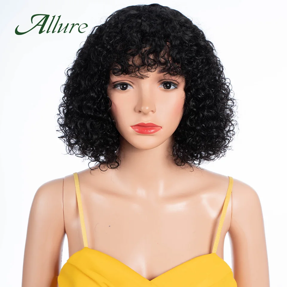 

Natural Jerry Curly Wig With Bangs Brazilian Human Hair Wigs For Black Women Water Curly Hair Short Bob Wigs Glueless Allure