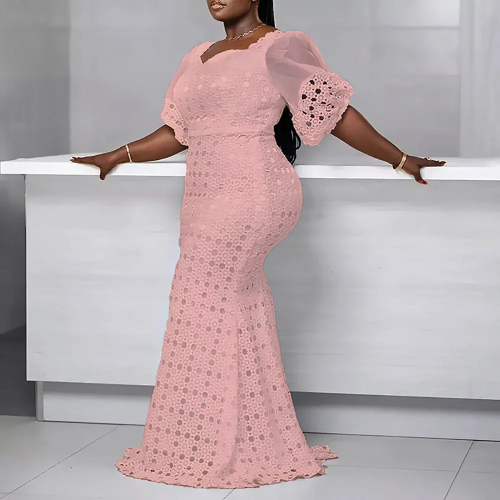 African Lace Mesh Party Dresses For Women 2023 Elegant Robe Africa Clothing Evening White Mesh Puff Sleeve Maxi Dress Wedding