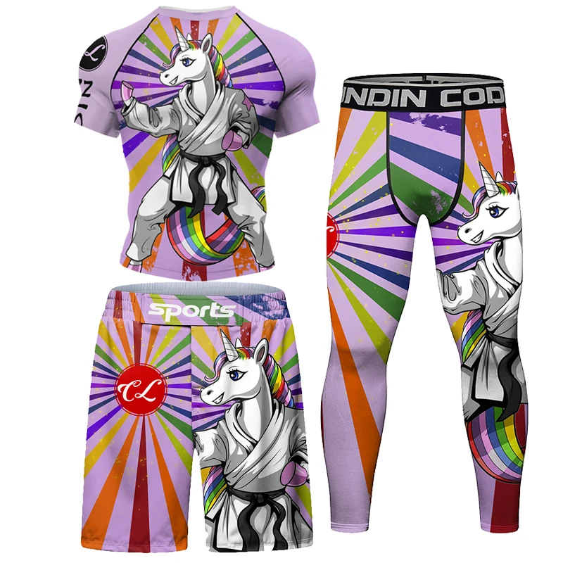 Nowa koszulka kompresyjna męska koszulka Mma Rashguard + zestaw spodni ochrona przeciwsłoneczna odzież sportowa druga skóra Bjj szorty MMA bokserska