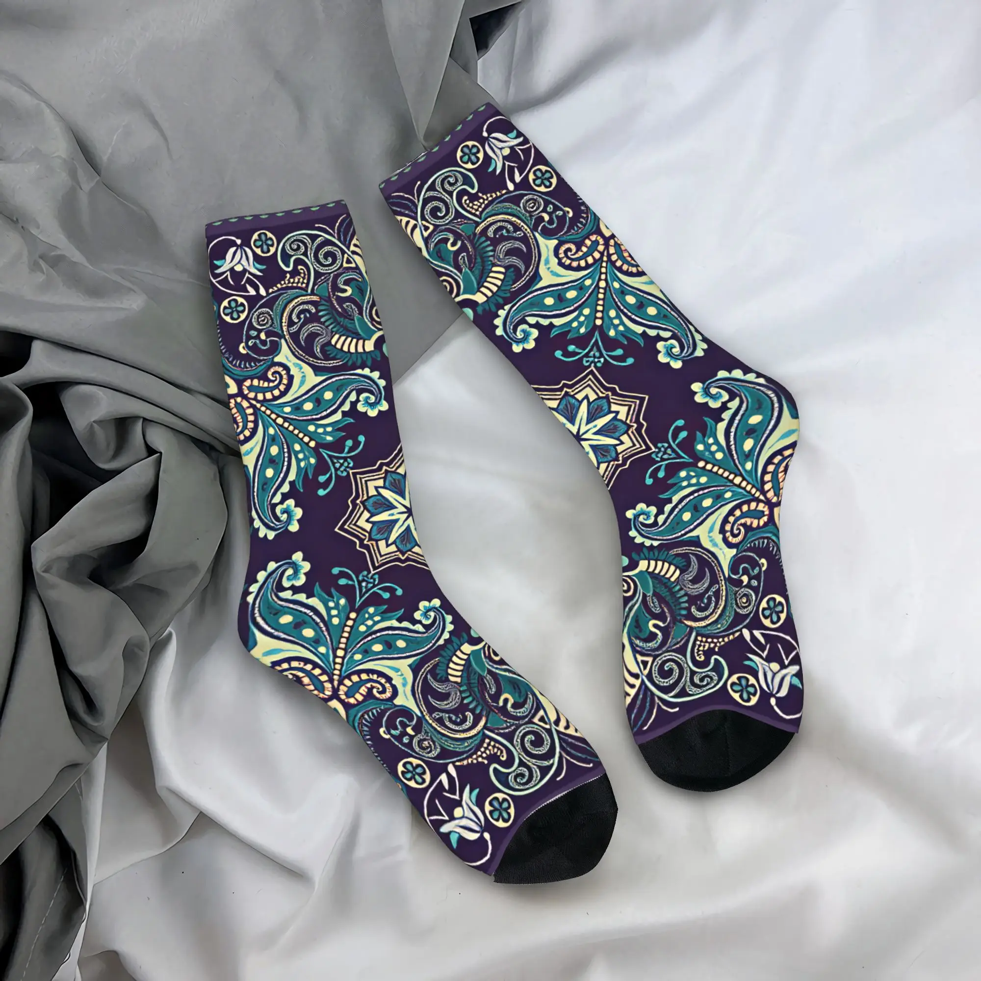 Red Double Layer Feather Paisley Stockings  Design Fashion Socks Winter Non Slip Socks Men Cycling Warm Soft Socks