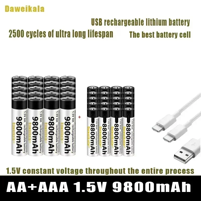 Batería recargable USB AA + AAA de 1,5 V, baterías de iones de litio AA 9800mAh/AAA 8800mAh para juguetes, reloj, reproductor MP3, termómetro + Cable