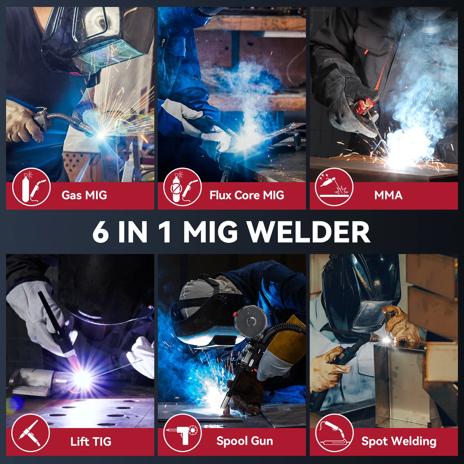 250A 6 in 1 Semi-automatic MIG Welder Non Gas MIG MAG Lift TIG MMA Spot Spool Gun Aluminum Welding Synergy Multiprocess Welders