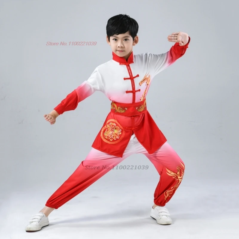 2025 chinês vintage crianças wushu kung fu conjunto dragão impressão gradiente cor wushu kung fu artes marciais treinamento exercício terno