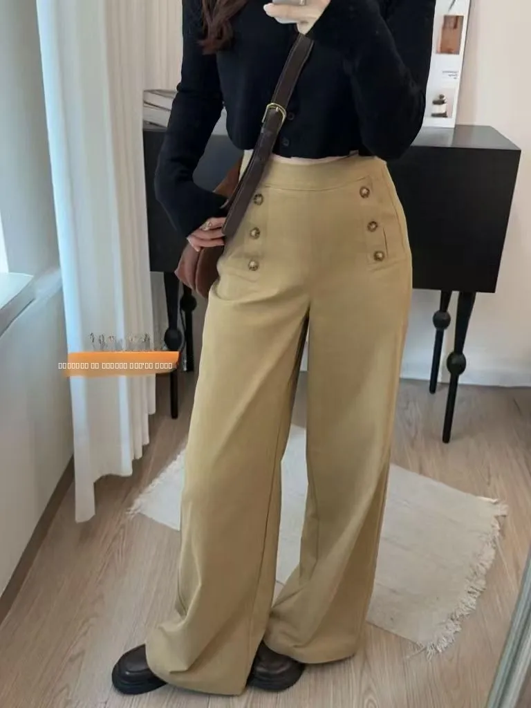 

High Waist Multi-Button Design Casual Pants Korean Sle Artistic Flattering Hip Coverage Slimming Effect Versatile Autumn Wear