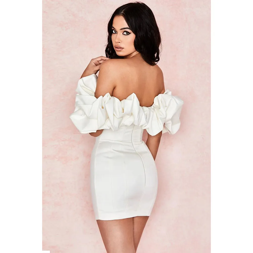 Sweet Elegant White Women Prom Dresses Slim Fit Flowers Off Shoulder Sleeveless Above Knee Length Female Party Mini Gowns