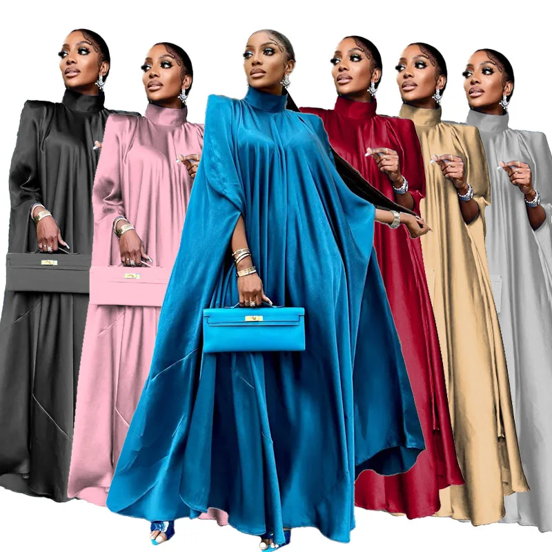 

2023 Muslim Abayat Dress Turtleneck Loose Pendulum Ladies Robe Satin African Dress for The Middle East, Europe and America