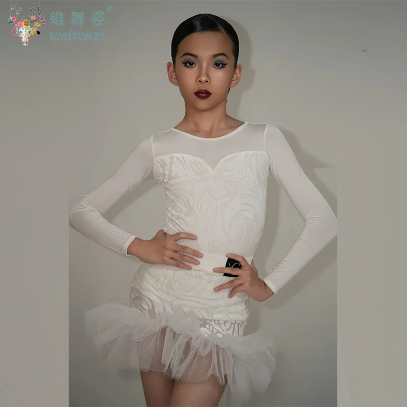 Dziecięca Sukienka do Tańca Latynoamerykańskiego Standard Narodowy Dziewczęca Sukienka Balowa z Długim Rękawem Kostium do Tańca Towarzyskiego Strój do Tańca dla Dzieci Biały