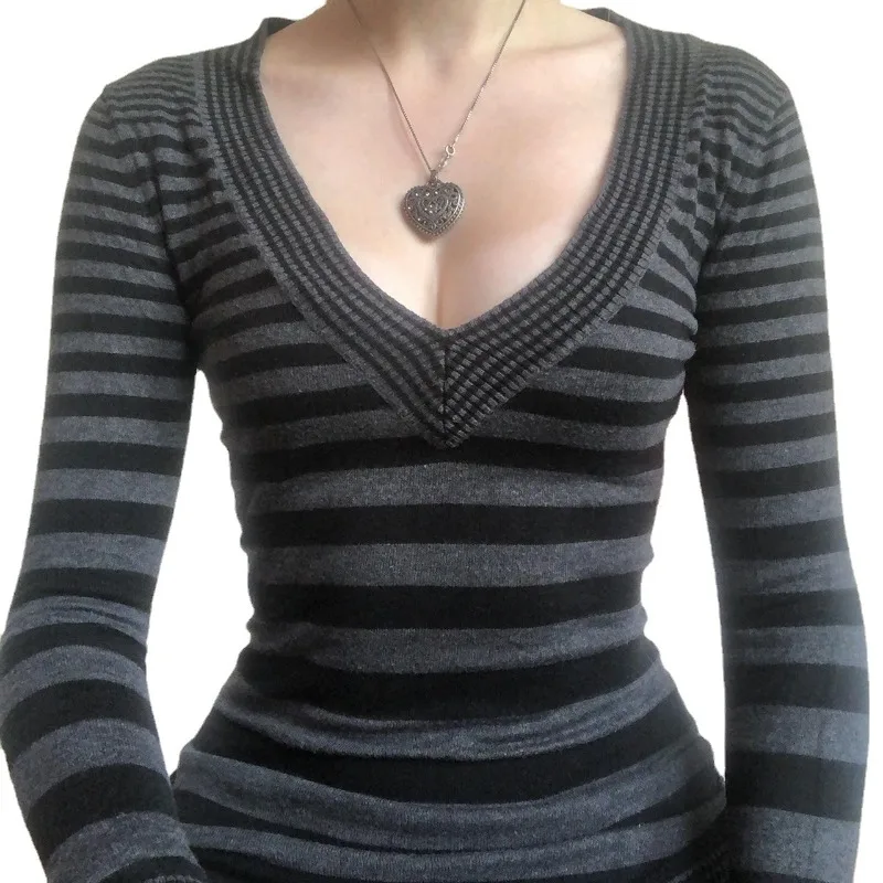 Осень 2022, новый продукт, женский полосатый свитер Y2K с v-образным вырезом на талии, облегающий вязаный свитер с длинными рукавами, женский топ