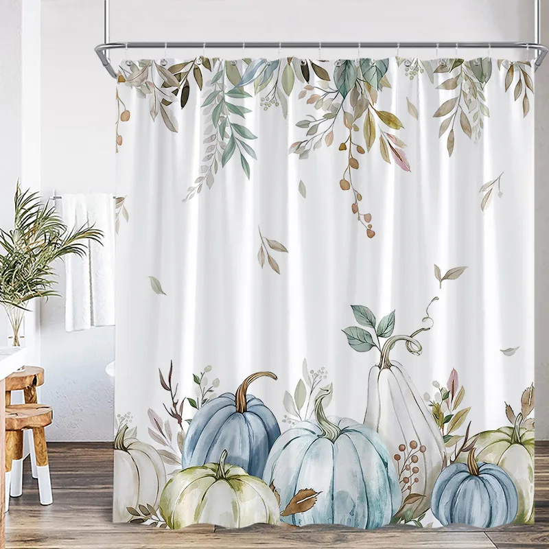 Autumn Pumpkin Shower Curtains Fall Watercolour Plant Leaves Modern Minimalist Polyester Fabric Home Bathroom Decor With Hooks