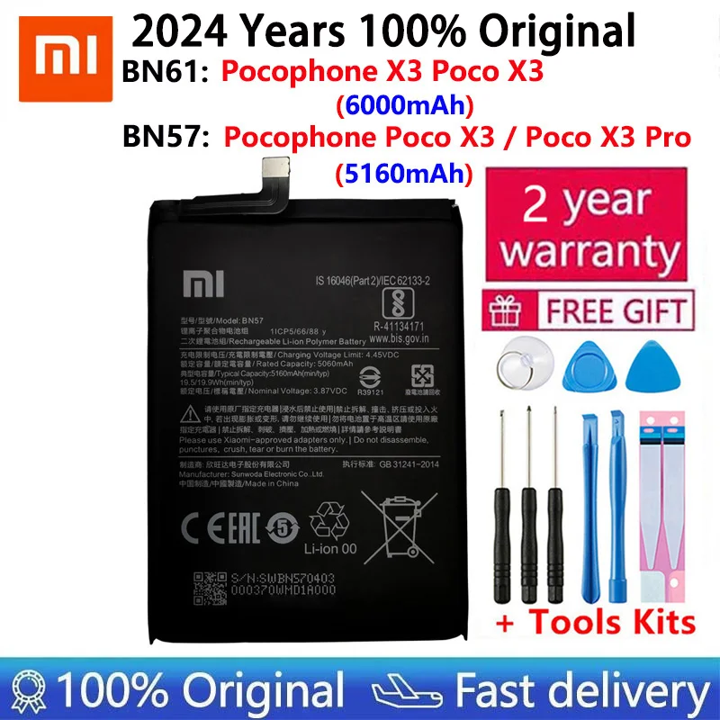 2024 100% Original Xiao mi BN57 BN61 6000mAh Phone Battery For Xiaomi Pocophone X3 Poco X3 Pro Replacement Batteries + Tool