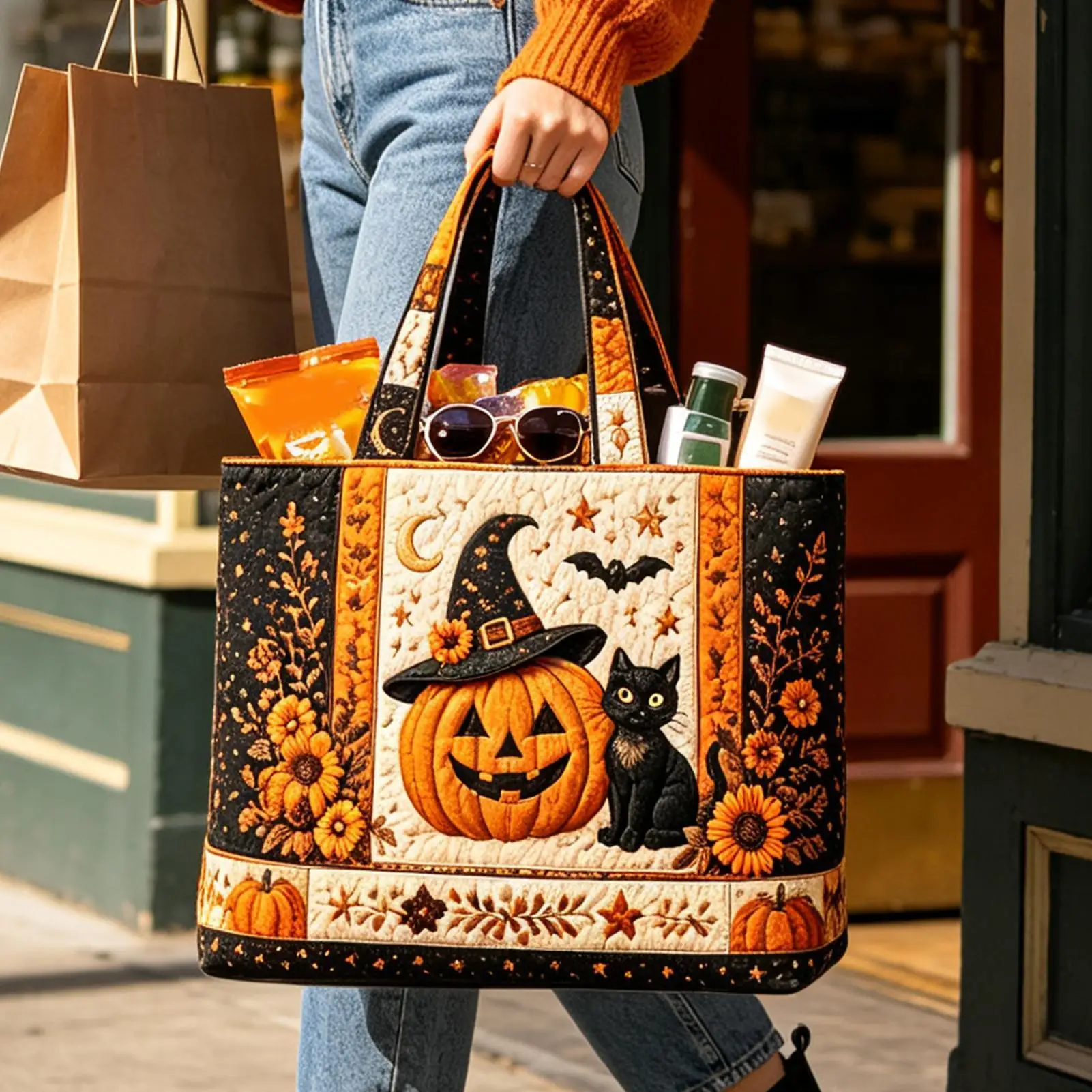 Halloween-Tragetasche, 3D-Grusel-Design, gesteppt, große Kapazität, Halloween-Themen-Handtasche zum Einkaufen, für Outdoor-Aktivitäten, Sandstrand, Bootsfahrten – Detail 9