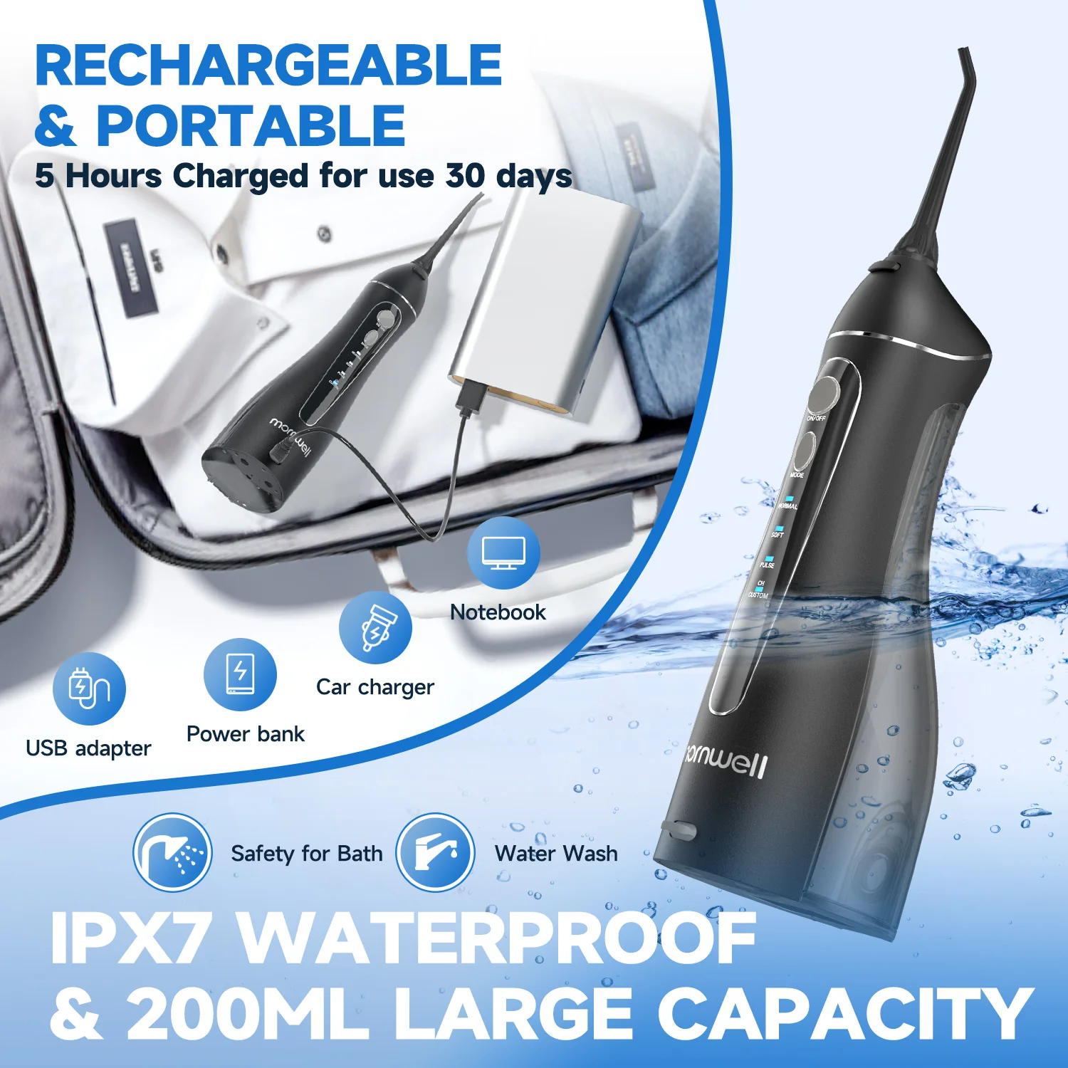 Mornwell Portable Oral Irrigator F18 Water Flosser USB Rechargeable 4 Nozzles Dental Water Jet 200ml Water Tank Waterproof