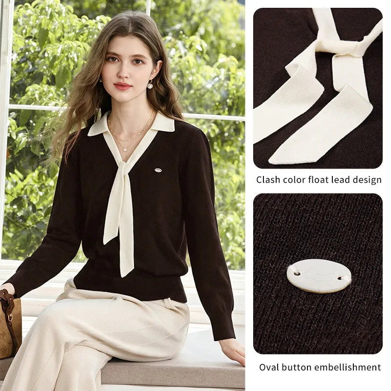 I BELIEVE YOU French Wool Knit Sweater 2026 Autumn Lapel Color Block Ribbon V Neck Tops Long Sleeve Elegant Knitwear 2263146574