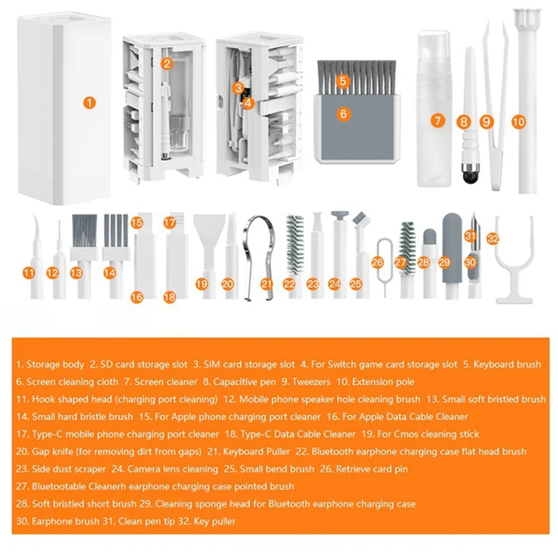 32-in-1 Electronic Cleaner Kit Laptop Keyboard Phone Cleaning Brush Headset Clean Pen Screen Cleaner Keycap Puller Set-A23U
