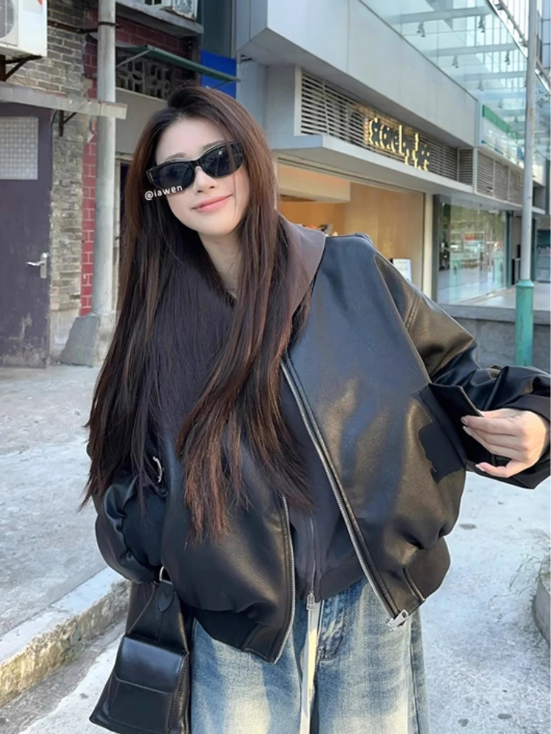 American Retro PU Leather Jacket Motorcycle Style Hong Kong Fashion Small Size Popular Ladies Loose Fit Long Sleeve Coat