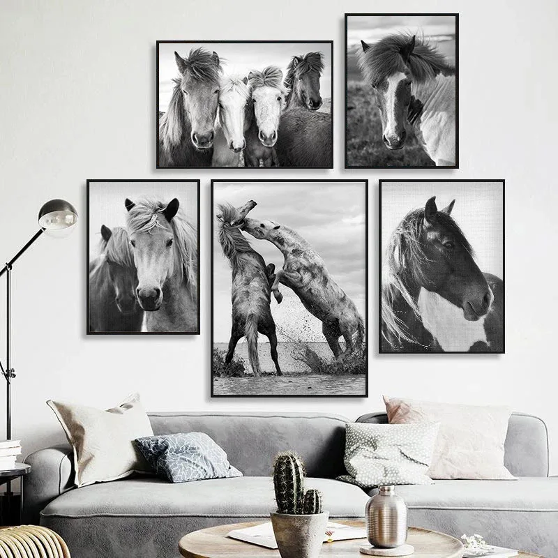 Abstract Black White Horse Canvas Paintings Modern Minimalist Animal Prints and Posters Wall Art Pictures for Living Room Decor
