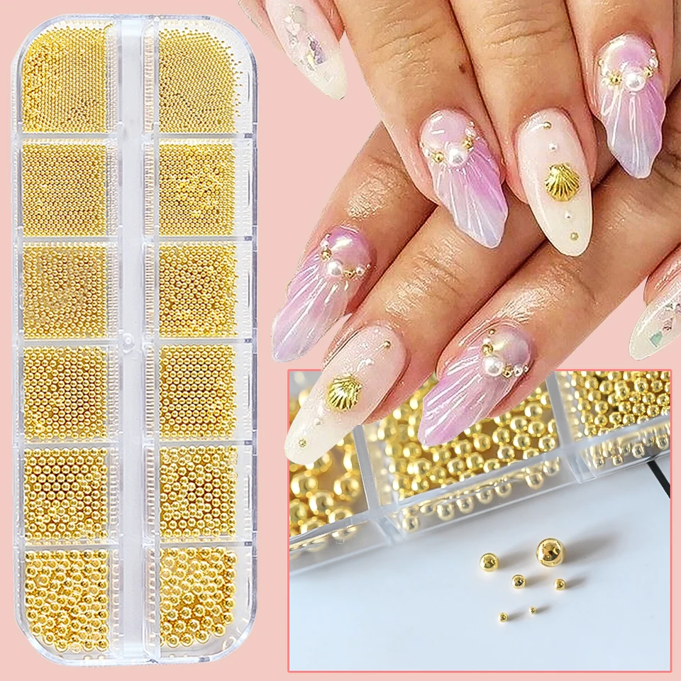 12 compartimentos de cuentas caviar mini doradas/plateadas, decoraciones metálicas de micro bolas con pluma magnética, gemas 3D para uñas 2