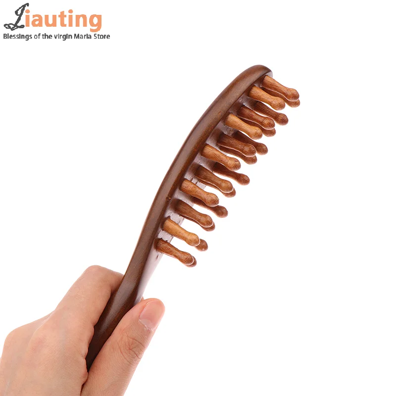 Golden Sandalwood Comb Head Meridian Comb Natural Sandalwood Long Handle Comb Multifunction Insert Teeth Massage Comb 22 Nails