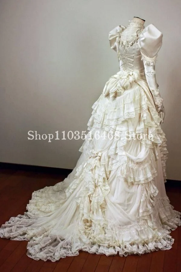 Ivory Fluffy Victorian Prom Dress High Neck Satin Bubble Long Sleeve Lace Pleated A-Line Medieval Duchess Abendkleid