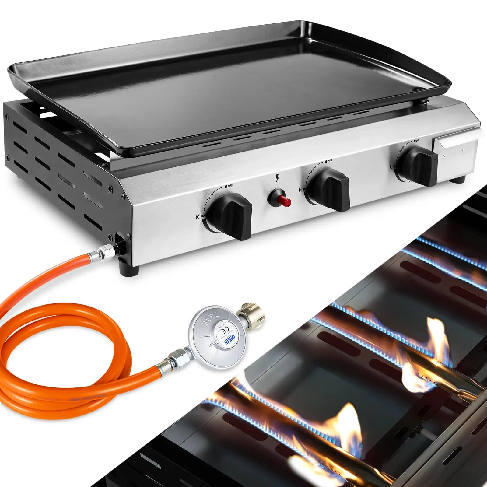 3 Brenner Gasgrill,Gas Plancha Grillplatte,Kompakt Tischgasgrill,Edelstahl(7,2 KW (25000 BTU),Keramische Lackbeschichtung Grillfläche,Tragbarer,Balkon,Camping,Picknick,BBQ Grill(Butan/Propan)