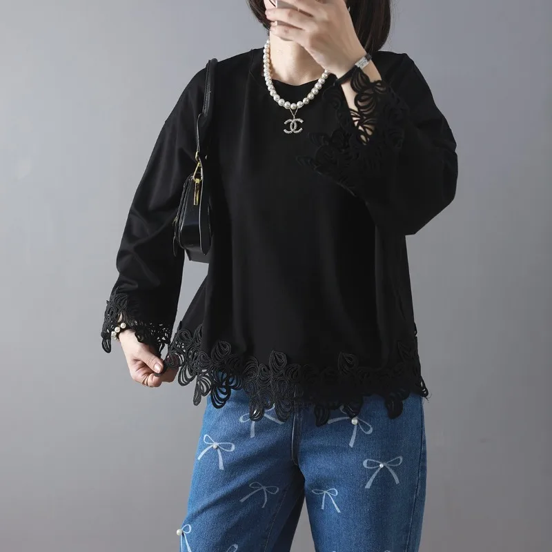 White Hollow Out Lace Patchwork Flared Sleeve T Shirts for Women Korean Fashion O-Neck Long Lseeve Loose T-shirt Versatile Tops