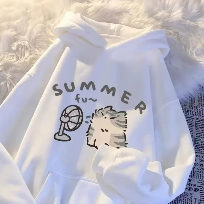 الصيف القط الصغير تهب المروحة طباعة المرأة هوديي M-3XL الكورية فضفاض الأخوات نمط موضة المالح لطيف نفس الجنس تصميم #5