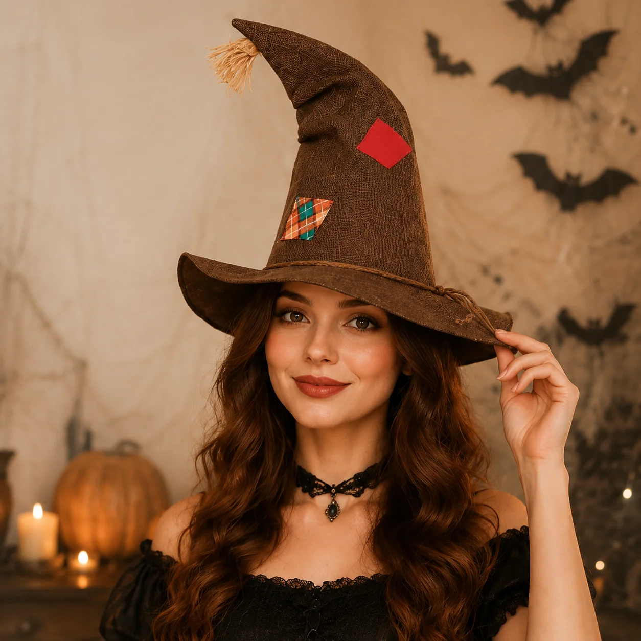 Rustic Scarecrow Costume Hat Patchwork Burlap Pointed Hat Straw Fringe Rope Trim Women Halloween Farm Themed Party Accessory