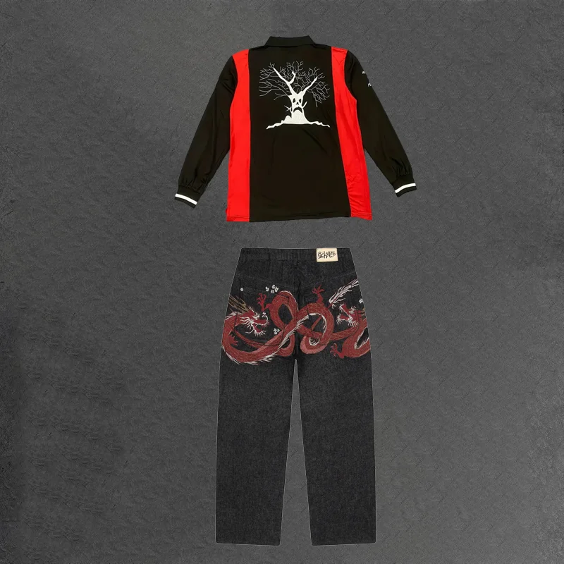 

A Trendy Set of Men Women Clothing Red Dragon Embroidered Baggy Jeans Y2K Vintage Polo Shirt High Street Hip Hop Low Waist Jeans