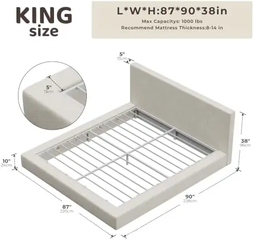AirFrame King Size Upholstered Bed Frame with Plush Padded Headboard | Plush Padded Headboard, 360° Soft Foam Surround